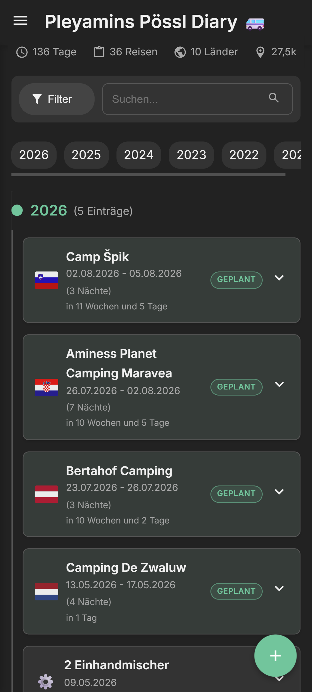 Camper Diary Reisetagebuch: Reisenliste mit Statistikleiste auf dem Smartphone