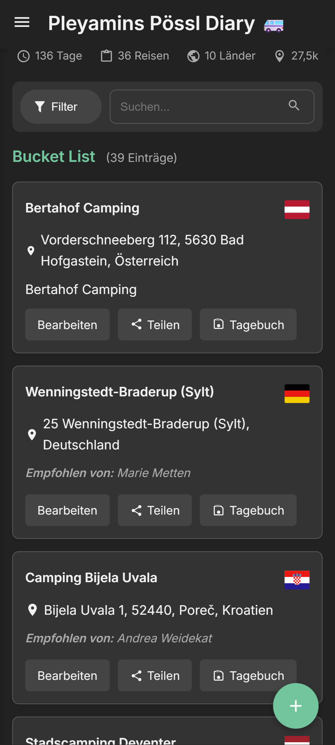 Screenshot: Bucket-Liste & Wunschziele