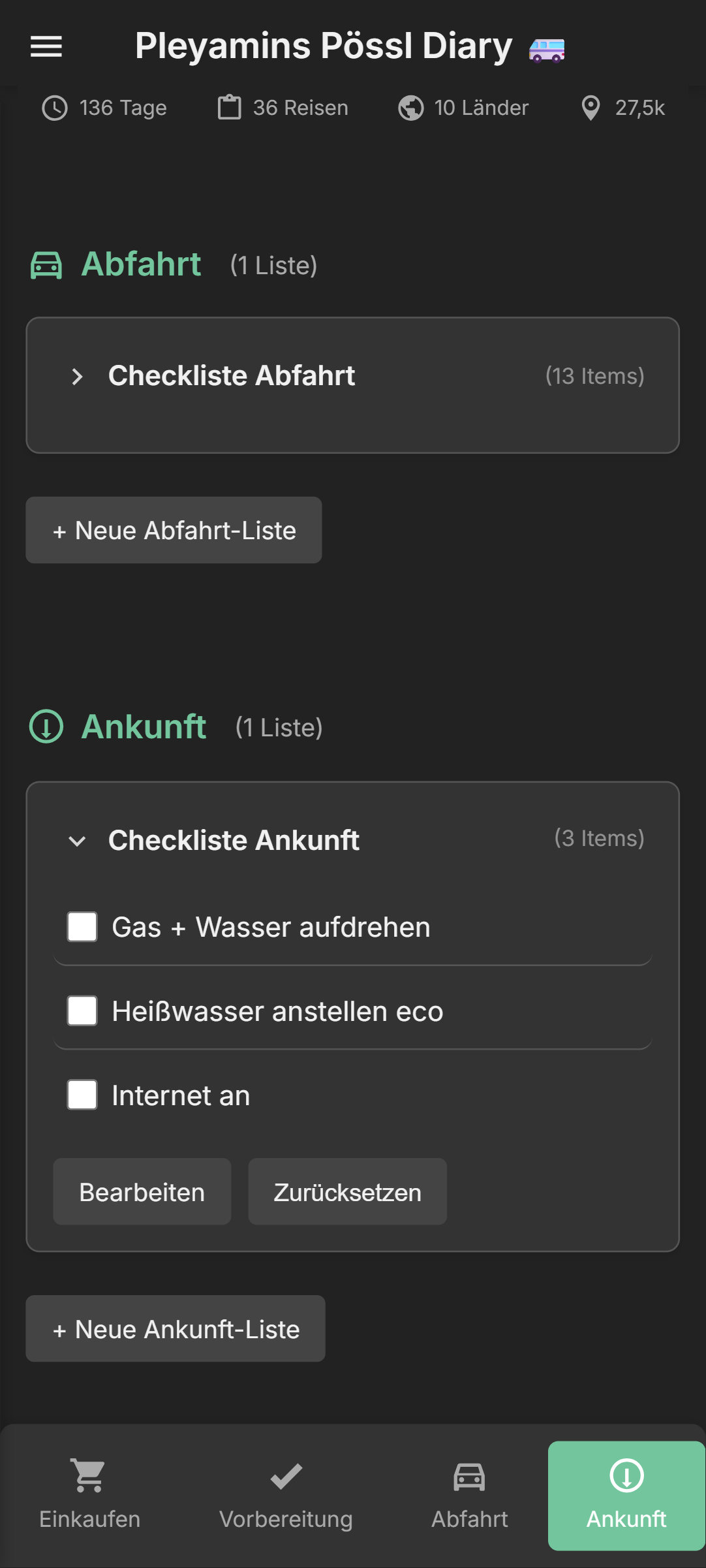 Screenshot: Checklisten: Abfahrt, Ankunft, Packen